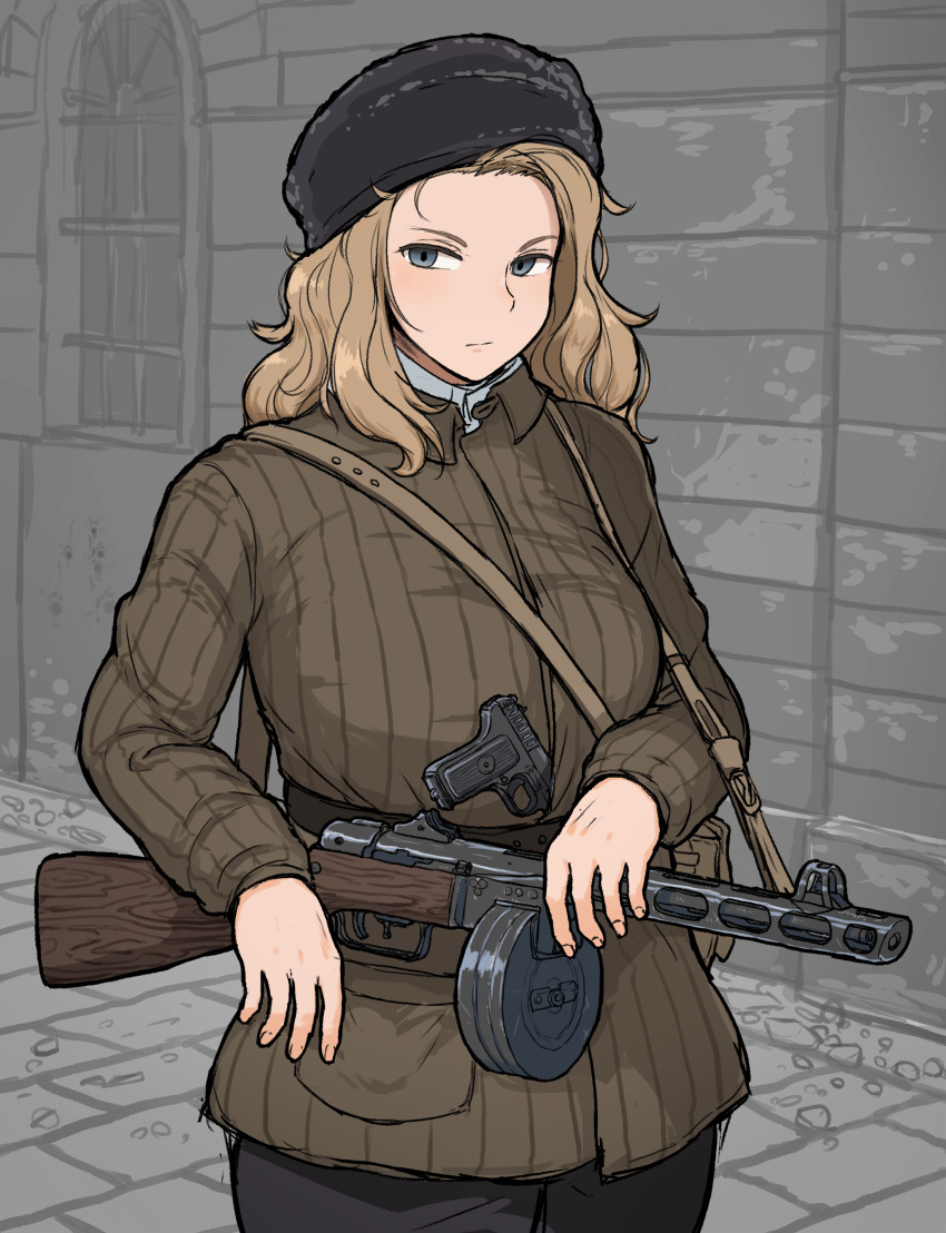 1girl, absurdres, arched_window, black_hat, black_pants, blonde_hair, blue_eyes, breasts, collared_jacket, expressionless, green_jacket, grey_background, gun, gun_sling, handgun, hat, highres, jacket, large_breasts, long_sleeves, original, padded_jacket, pants, ppsh-41, shirt, solo, submachine_gun, telogreika, tokarev_tt-33, tozaumo, weapon, white_shirt, window