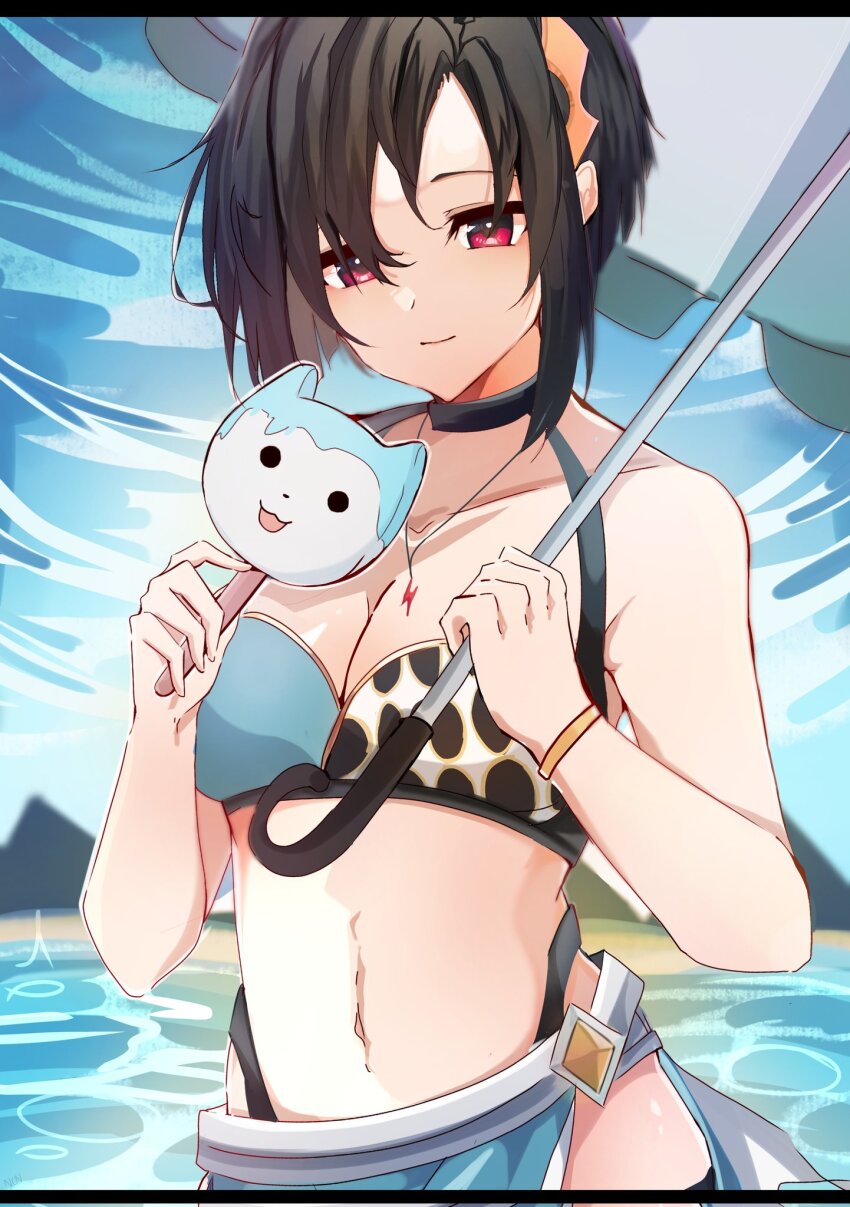 1girl, alternate_costume, asymmetrical_clothes, bare_shoulders, bikini, black_hair, blue_sky, breasts