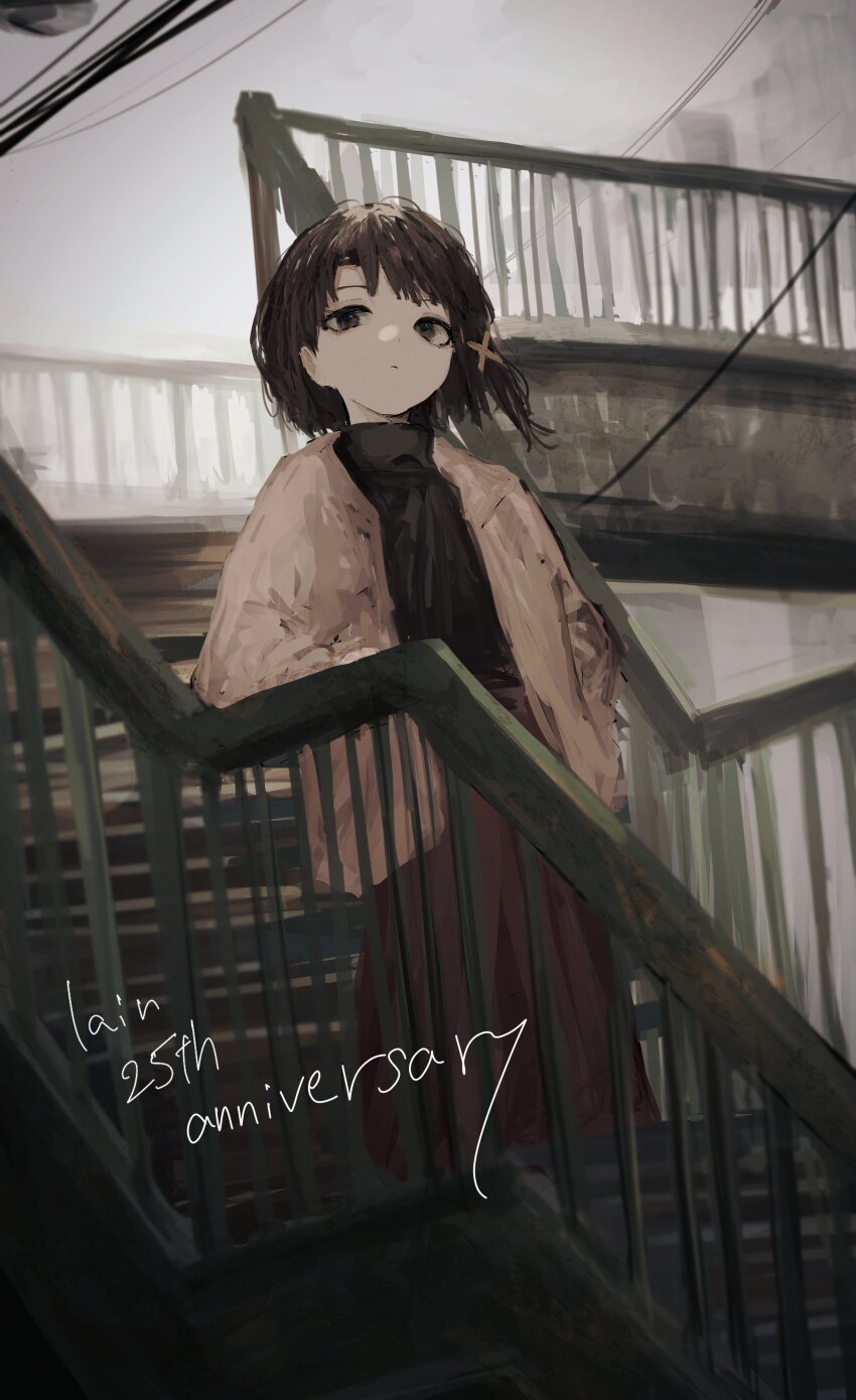 1girl, absurdres, aegyo_sal, anniversary, asymmetrical_hair, black_sweater, bridge, brown_eyes