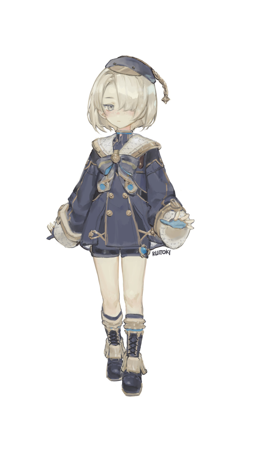 1boy, absurdres, androgynous, beret, black_boots, black_shorts, blonde_hair, blue_hat