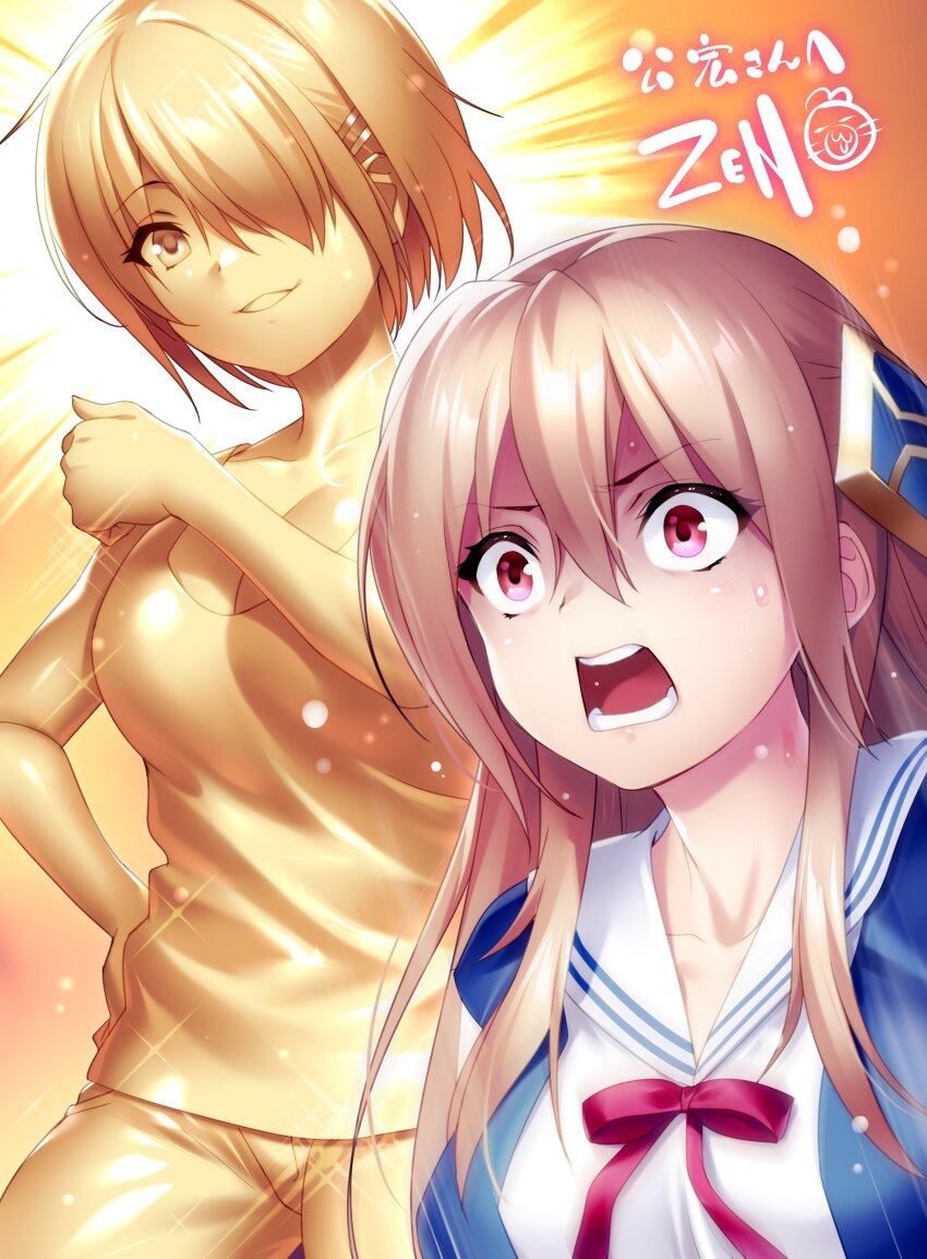 2girls, absurdres, blonde_hair, breasts, clannad, cleavage, commentary_request, commission