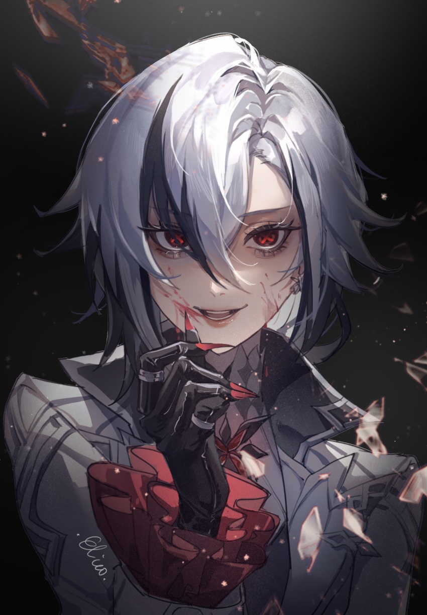 1girl, arlecchino_(genshin_impact), artist_name, black_background, black_eyes, black_hair, black_skin, blood