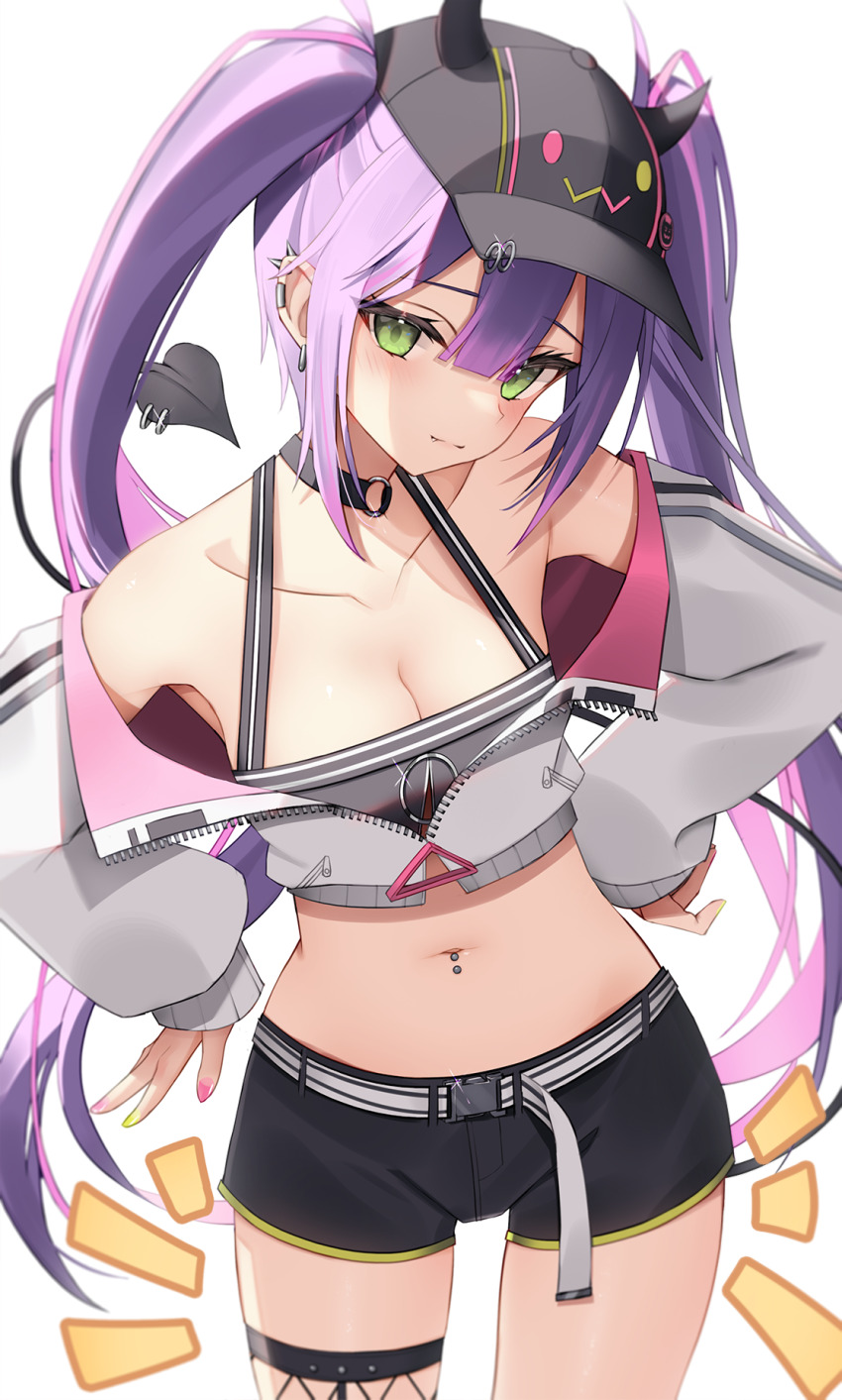 1girl, bare_shoulders, baseball_cap, bibi_(tokoyami_towa), black_choker, black_hat, black_shorts, black_tank_top