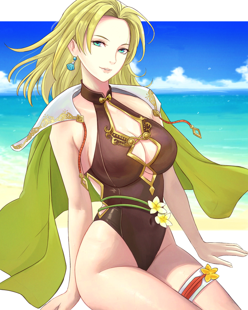 1girl, absurdres, beach, blonde_hair, breasts, cape, cleavage, clothing_cutout