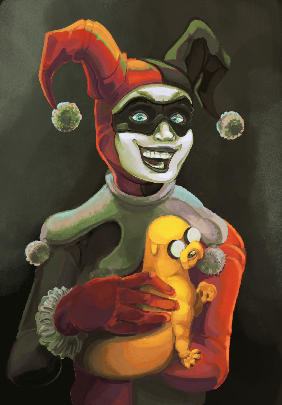 1girl, adventure_time, animal, batman_(series), black_lips, blue_eyes, buginacup, commentary