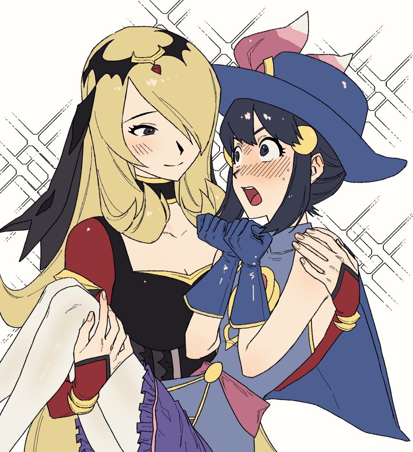 2girls, akushitsu_ningen, alternate_costume, black_choker, black_eyes, black_ribbon, blonde_hair, blue_capelet