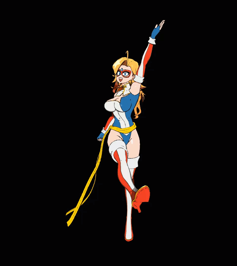 1girl, 3d, animated, animated_gif, artist_request, blonde_hair, blue_eyes, blue_gloves, blue_sky, boots, bouncing_breasts, breasts, cleavage, cleavage_cutout, clothing_cutout, curvy, dancing, davesarc_art, earrings, elbow_gloves, eye_mask, fingerless_gloves, full_body, gloves, happy, high_heel_boots, high_heels, highleg, highleg_leotard, jewelry, jumping, kamen_america, kamen_america_(comic), large_breasts, leotard, long_hair, looking_at_viewer, mask, open_mouth, shiny_skin, sky, smile, solo, star_(symbol), star_earrings, superhero_costume, thigh_boots, thighhighs