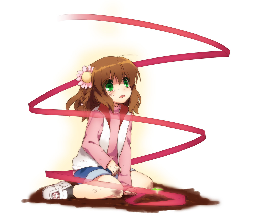 1girl, aged_down, ahoge, between_legs, blue_shorts, blush, braid, brown_hair