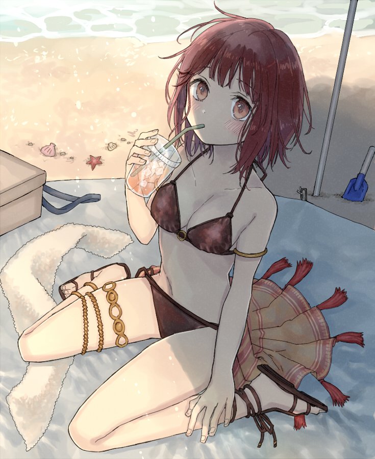 1girl, armlet, atelier_(series), atelier_sophie, bare_shoulders, beach, bendy_straw, bikini