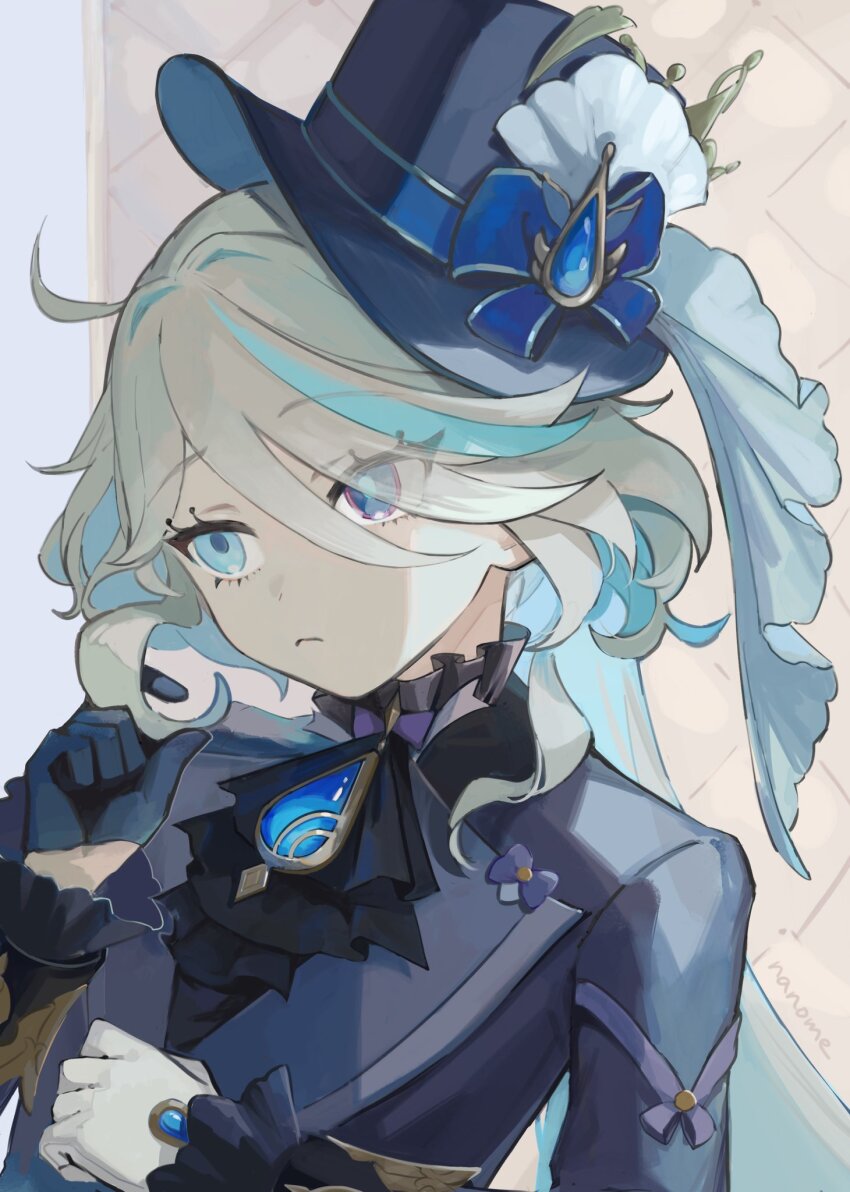 1girl, ahoge, aqua_hair, ascot, black_ascot, black_gloves, black_jacket, blue_eyes, blue_hat, brooch, brown_background, clenched_hand, colored_inner_hair, commentary, eyes_visible_through_hair, frown, furina_(genshin_impact), genshin_impact, gloves, gn_nanome, hair_over_one_eye, half_gloves, hat, hat_ribbon, heterochromia, highres, jacket, jewelry, leaning_back, looking_to_the_side, multicolored_hair, playing_with_own_hair, ribbon, sidelocks, simple_background, single_glove, solo, streaked_hair, swept_bangs, twitter_username, upper_body, white_background, white_hair