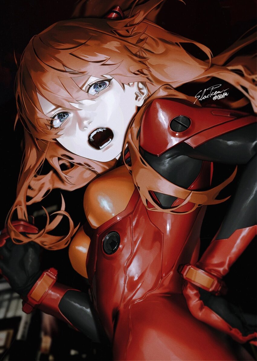 1girl, artist_name, blue_eyes, bodysuit, breasts, cowboy_shot, gloves, hair_between_eyes