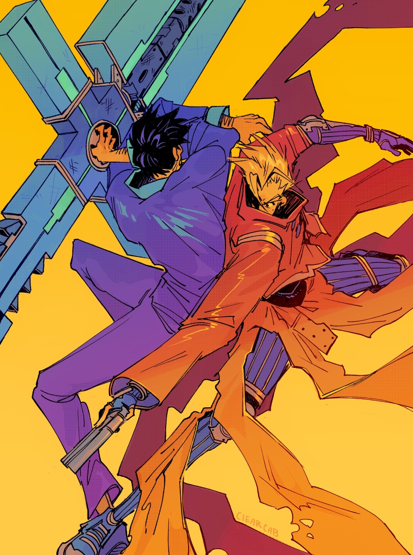 2boys, absurdres, agl_arms_.45_long_colt, black_eyes, black_pants, blonde_hair, blue_footwear, blue_jacket, break-action_revolver, ciearcab, coat, cross_punisher, fighting_stance, full_body, gun, handgun, high_collar, highres, holding, holding_gun, holding_weapon, jacket, large_cross, long_sleeves, low_bore_axis_revolver, male_focus, mole, mole_under_eye, multiple_boys, nicholas_d._wolfwood, pants, purple_pants, red_coat, revolver, shoes, simple_background, standing, trigun, trigun_maximum, vash_the_stampede, weapon, yellow_background