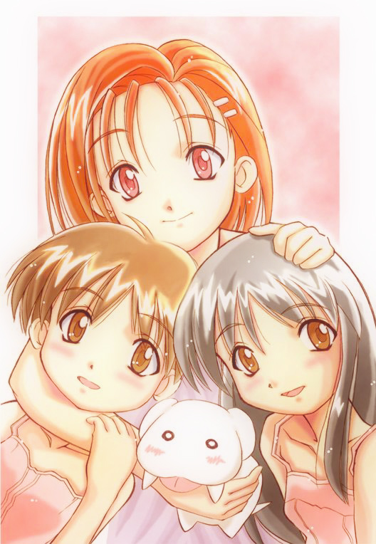 3girls, :3, age_difference, animal, arm_around_neck, bad_id, bare_shoulders, black_hair