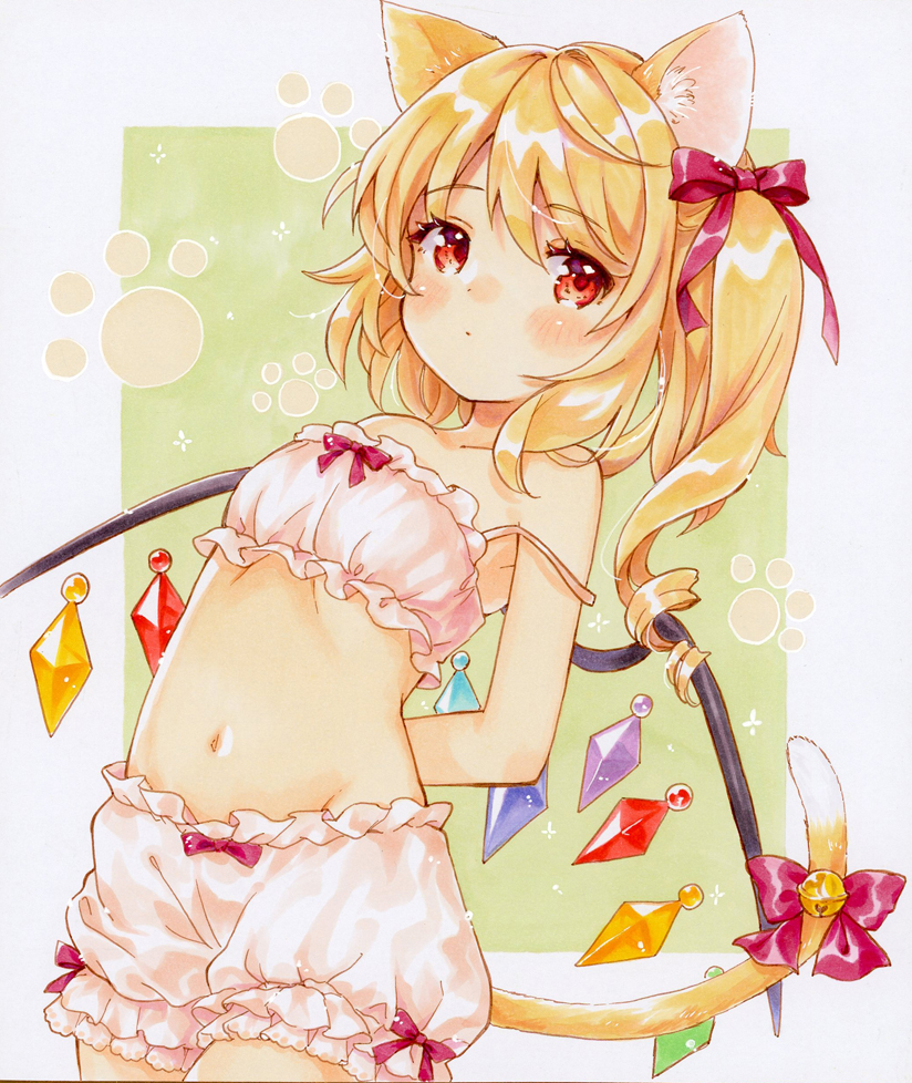 1girl, animal_ear_fluff, animal_ears, arms_behind_back, bell, blonde_hair, cat_ears, cat_tail