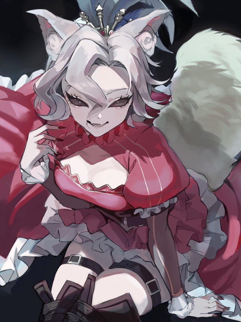 1girl, animal_ears, belt, black_background, boots, breasts, brown_eyes, cleavage_cutout, clothing_cutout, cowboy_shot, dress, fang, feather_hair_ornament, feathers, fingernails, fox_ears, fox_girl, fox_tail, frilled_dress, frilled_sleeves, frills, grey_hair, hair_between_eyes, hair_ornament, hand_up, high-low_dress, high-low_skirt, identity_v, ito_karasu, juliet_sleeves, kemonomimi_mode, long_bangs, long_sleeves, looking_at_viewer, mary_(archduchess)_(identity_v), mary_(identity_v), medium_breasts, neck_ruff, official_alternate_costume, parted_lips, puffy_sleeves, red_dress, red_nails, sharp_fingernails, short_hair, sitting, skin_fang, skindentation, smile, solid_eyes, solo, tail, thigh_belt, thigh_boots, thigh_strap, wavy_hair