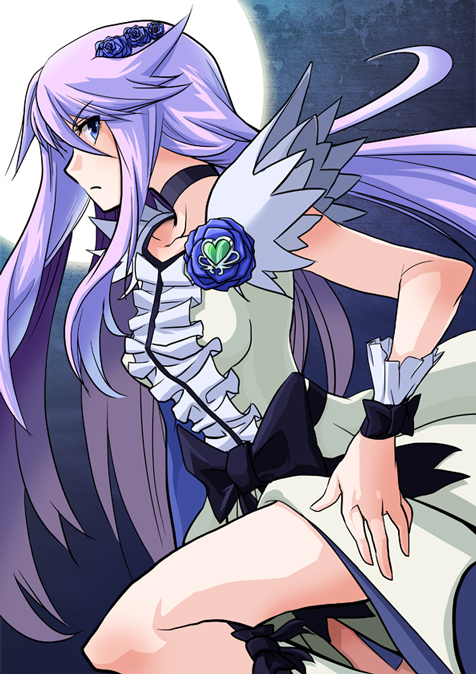 10s, 1girl, black_neckwear, blue_eyes, blue_flower, blue_rose, bow, brooch