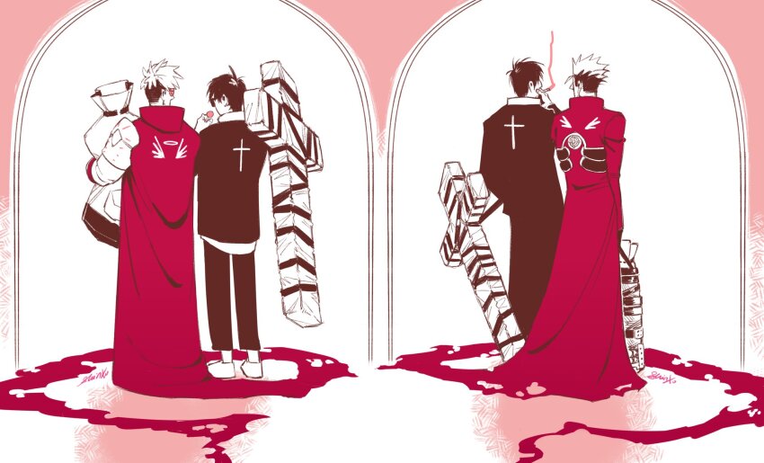 4boys, bag, black_hair, black_jacket, black_pants, candy, cigarette, coat, cross_punisher, dual_persona, earrings, food, glasses, highres, holding, holding_bag, jacket, jewelry, large_cross, lollipop, long_coat, long_sleeves, male_focus, maomango_doodle, multiple_boys, nicholas_d._wolfwood, pants, red_coat, shirt, shoes, short_hair, single_earring, smoking, trigun, trigun_stampede, undercut, vash_the_stampede, white_background, white_footwear, white_shirt