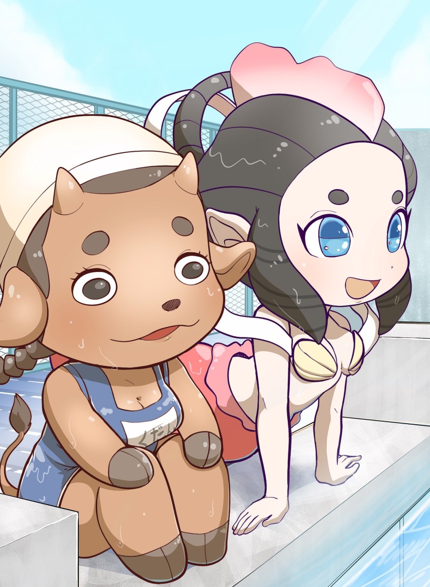 2girls, animal_ears, black_hair, blue_eyes, blue_sky, breasts, brown_eyes, cleavage, cow_ears, dark-skinned_female, dark_skin, day, furry, furry_female, hagoromo, highres, hikimayu, horns, kudan_(youkai_watch), long_hair, medium_breasts, multiple_girls, ningyo_(youkai_watch), open_mouth, outdoors, pointy_ears, school_swimsuit, shawl, sitting, sky, swimsuit, tory_(tory29), youkai_watch