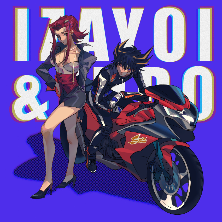 1boy, 1girl, absurdres, bare_legs, black_bodysuit, black_footwear, black_hair, black_skirt, blonde_hair, blue_eyes, bodysuit, breasts, breasts_apart, character_name, chromatic_aberration, closed_mouth, commentary_request, corset, expressionless, facial_mark, fudo_yusei, full_body, gloves, hair_between_eyes, high_heels, highres, izayoi_aki, jewelry, knee_pads, leaning_forward, long_bangs, looking_at_viewer, medium_breasts, miniskirt, motor_vehicle, motorcycle, multicolored_bodysuit, multicolored_hair, necklace, pencil_skirt, racing_suit, red_corset, red_eyes, red_hair, shoes, short_hair, sitting, skirt, sneakers, spiked_hair, standing, streaked_hair, two-tone_hair, white_bodysuit, white_gloves, xt1125cj, yu-gi-oh!, yu-gi-oh!_5d's