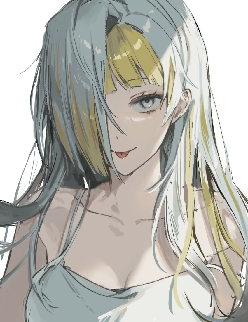 1girl, alternate_hair_length, alternate_hairstyle, ap5ry, blonde_hair, breasts, grey_eyes, grey_hair