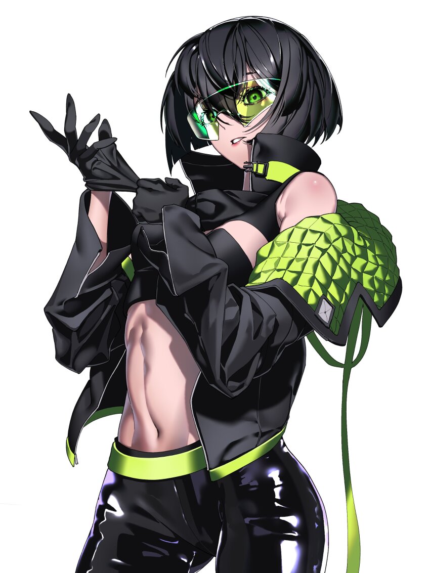 1girl, abs, absurdres, black_bra, black_gloves, black_hair, bra, breasts, cyberpunk, gloves, green-framed_eyewear, highres, jacket, leather, leather_pants, marui_(fxxstate_ofmind), medium_breasts, navel, original, pants, putting_on_gloves, shirt, short_hair, sleeveless, sleeveless_shirt, solo, underwear, zipper