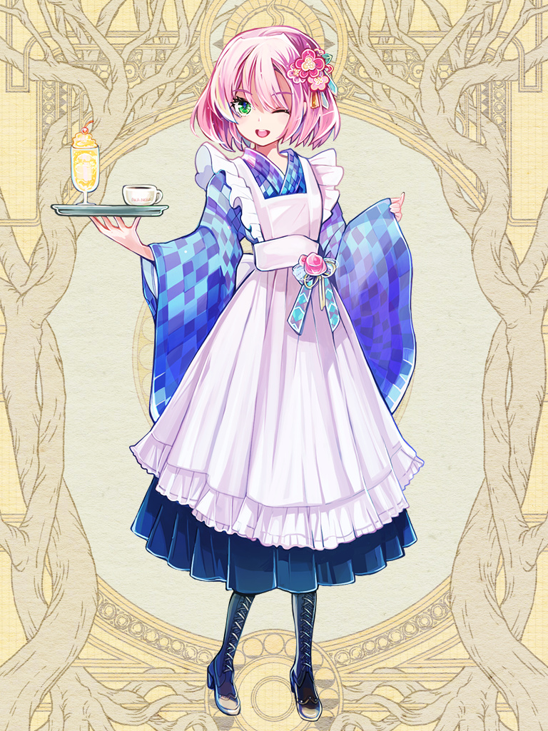 1girl, black_boots, boots, charlotte_baldoressa, cup, dairoku_ryouhei, flower, full_body, green_eyes, hair_flower, hair_ornament, holding, holding_tray, hoshino_(haruku), lace-up_boots, one_eye_closed, pink_hair, short_hair, skirt, solo, tray, waitress, wide_sleeves, yellow_background