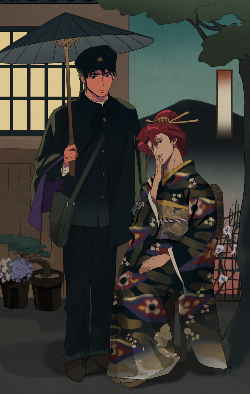 2boys, absurdres, alternate_costume, alternate_hairstyle, bag, black_eyes, black_hair, black_headwear