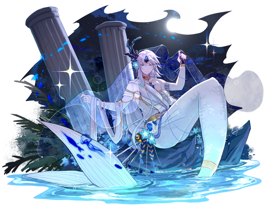 1boy, absurdres, antlers, armlet, avatra, belt, black_gloves, blue_eyes, blue_flower, blue_gem, blue_nails, border, bracelet, braid, chest_jewel, cracked_skin, fingerless_gloves, fins, fish, flower, forehead_jewel, full_body, full_moon, gem, gloves, gold_choker, hair_flower, hair_ornament, hair_tubes, hand_up, head_fins, highres, horns, jellyfish, jewelry, leaf, long_hair, looking_at_viewer, male_focus, mermaid, merman, monster_boy, monster_girl, moon, night, on_rock, original, outstretched_hand, parted_bangs, pillar, plant, rock, scales, see-through_clothes, short_eyebrows, single_antler, single_braid, single_glove, single_sidelock, sitting, sky, smile, soaking_feet, solo, sparkle, spirit, star_(sky), starry_sky, toga, veil, water, white_border, white_hair