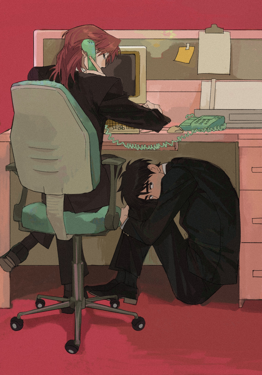 2boys, black_eyes, black_footwear, black_hair, black_jacket, black_pants, brown_hair, chair