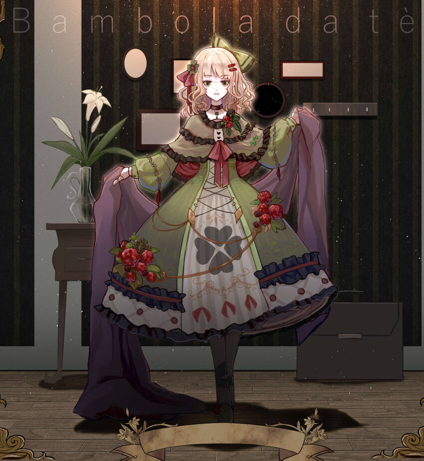 1girl, absurdres, ankle_ribbon, avatra, black_footwear, black_pantyhose, black_ribbon, blonde_hair