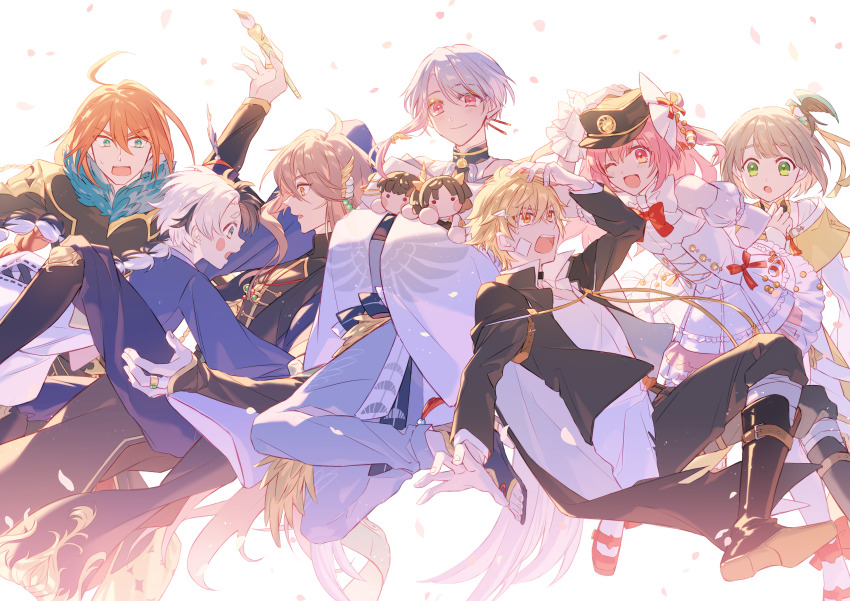 6+boys, :o, ;d, absurdres, ahoge, arm_behind_back, bare_shoulders, bird_hair_ornament