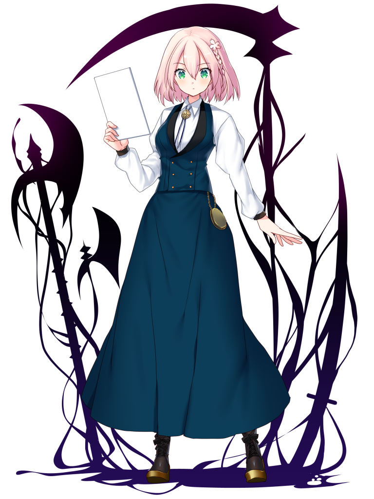 1girl, axe, black_footwear, blue_skirt, bolo_tie, boots, braid, breasts, charlotte_baldoressa, dairoku_ryouhei, flower, full_body, green_eyes, hair_between_eyes, hair_flower, hair_ornament, holding, holding_paper, long_skirt, long_sleeves, paper, pink_hair, scythe, shirt, short_hair, skirt, small_breasts, tajima_yoshikazu, watch, watch_fob, white_shirt