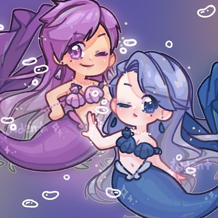 2girls, adan_nanainonai, artist_name, bikini, blue_background, blue_eyes, blue_hair, bubble