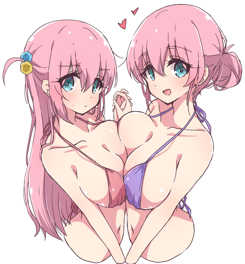 2girls, :c, aqua_eyes, bare_arms, bare_shoulders, bikini, blush, bocchi_the_rock!, breast_press, breasts, cleavage, closed_mouth, collarbone, cropped_torso, cube_hair_ornament, folded_ponytail, gotoh_hitori, gotoh_michiyo, hair_between_eyes, hair_ornament, heart, highres, holding_hands, huge_breasts, long_hair, looking_at_viewer, mature_female, mel_(melty_pot), micro_bikini, mother_and_child, mother_and_daughter, multiple_girls, navel, one_side_up, open_mouth, parent_and_child, pink_bikini, pink_hair, purple_bikini, simple_background, smile, stomach, sweatdrop, swimsuit, symmetrical_docking, white_background