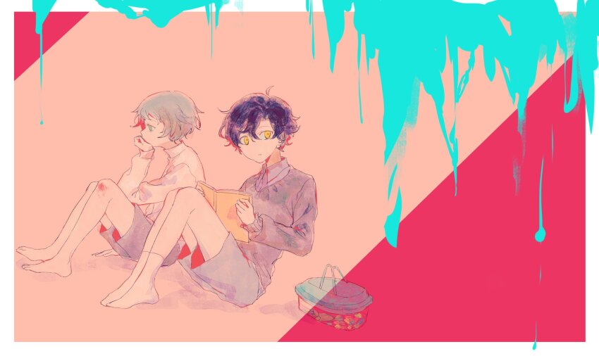 2boys, aged_down, black_hair, border, charles_eyler, child, closed_mouth, collared_shirt