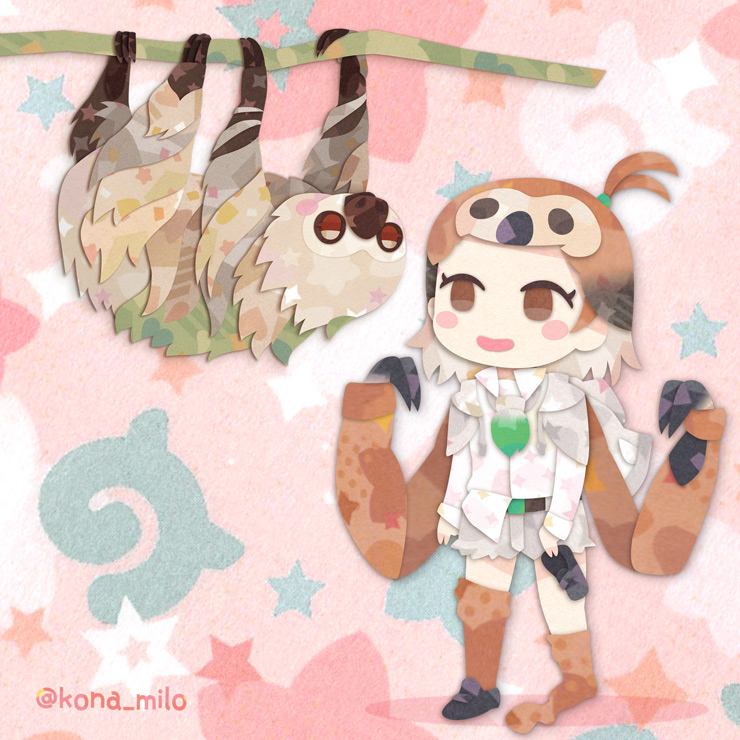 1girl, animal, brown_eyes, brown_hair, hood, hoodie, kemono_friends, kikuchi_milo, linnaeus's_two-toed_sloth_(kemono_friends), shoes, short_hair, shorts, simple_background, socks