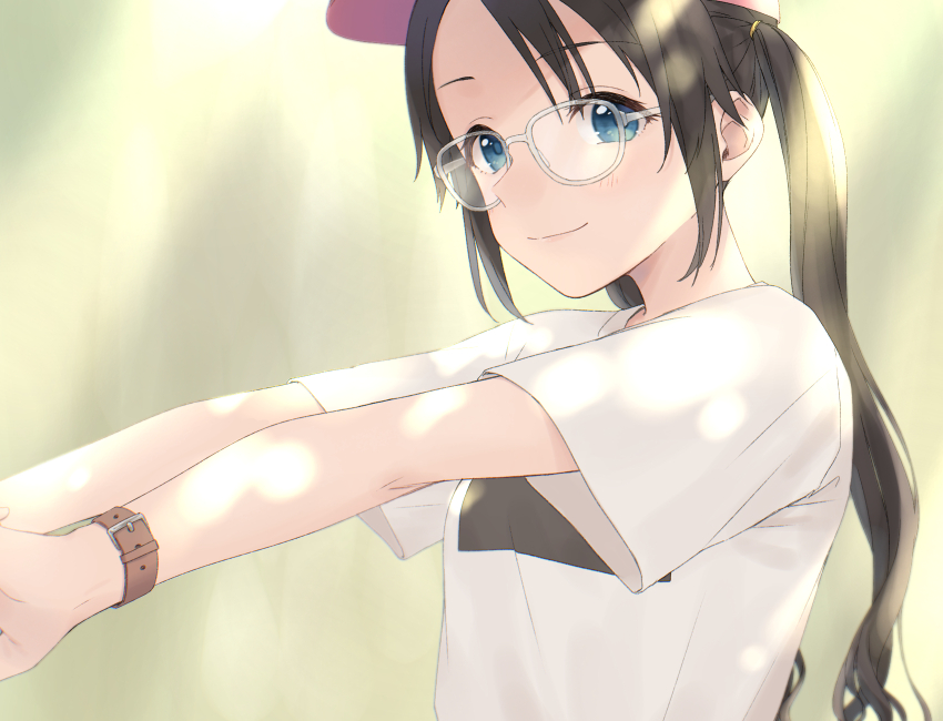 1girl, black_hair, blue_eyes, blurry, blurry_background, blush, bow, breasts