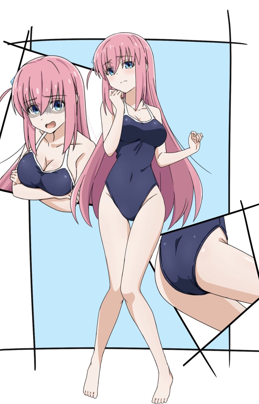 1girl, alternate_costume, ass, barefoot, blue_eyes, bocchi_the_rock!, breasts, closed_mouth