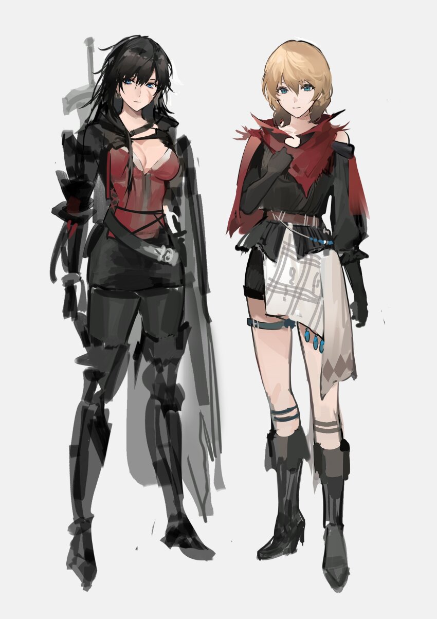 2girls, absurdres, adapted_costume, arashiko_falcom, black_cape, black_hair, blonde_hair, boots