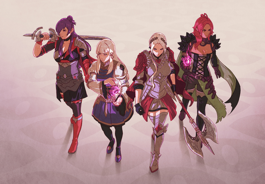4girls, armor, armored_dress, axe, book, breasts, cleavage, dark-skinned_female, dark_skin, dress, edelgard_von_hresvelg, female_shez_(fire_emblem), fire_emblem, fire_emblem:_three_houses, fire_emblem_warriors:_three_hopes, hapi_(fire_emblem), highres, krusekis, large_breasts, lysithea_von_ordelia, magic, medium_breasts, multiple_girls, nintendo, official_alternate_costume, official_alternate_hairstyle, over_shoulder, purple_hair, red_hair, serious, sword, walking, weapon, weapon_over_shoulder, white_hair