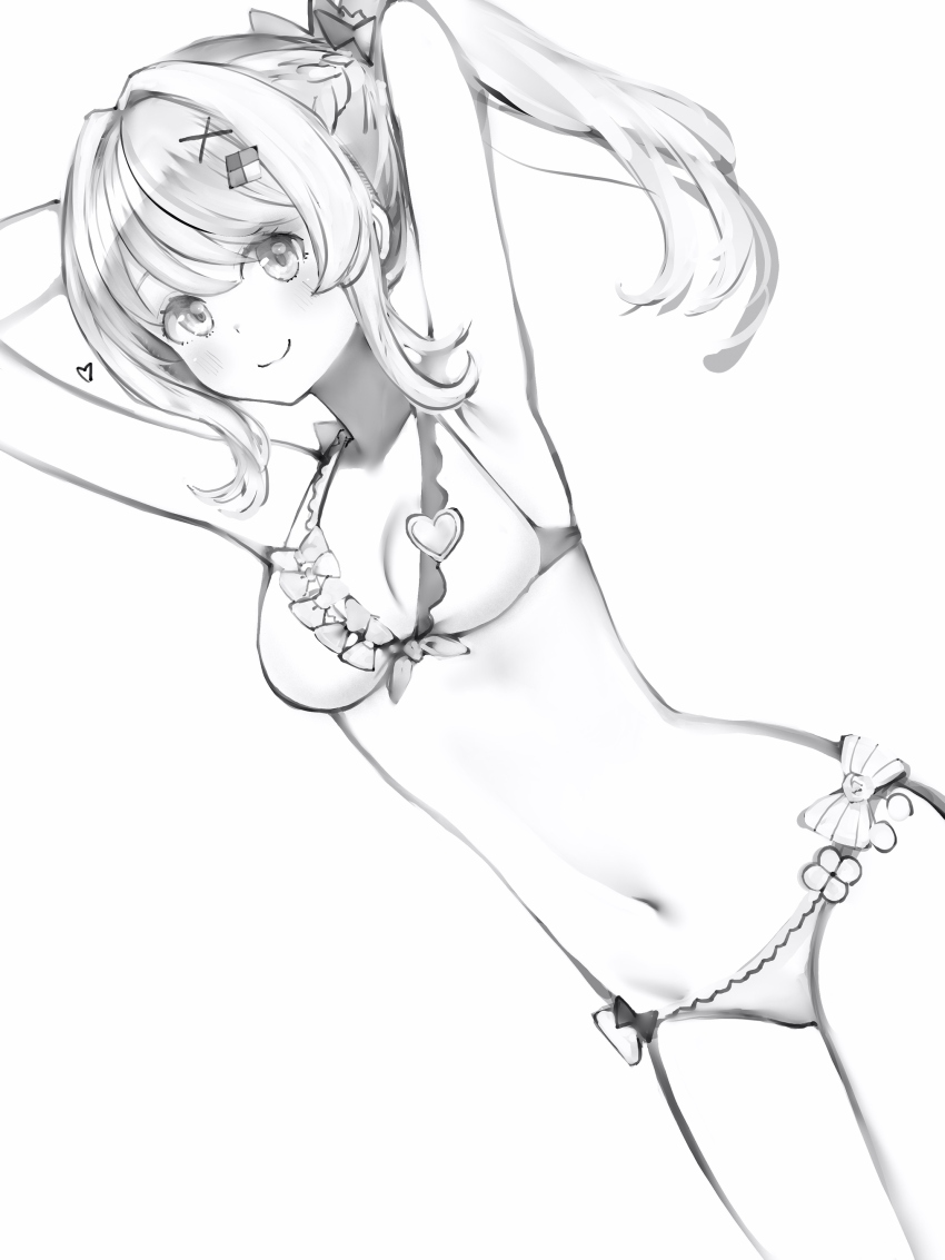 1girl, absurdres, adjusting_hair, alternate_hairstyle, armpit_peek, arms_up, bikini, blush