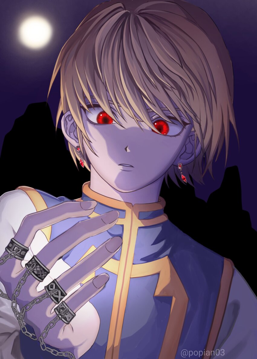 absurdres, androgynous, artist_name, blonde_hair, blue_tabard, crystal_earrings, earrings, highres, hunter_x_hunter, jewelry, kurapika, long_sleeves, moon, nen_(hunter_x_hunter), popian03, red_eyes, ring, short_hair, solo, tabard, upper_body