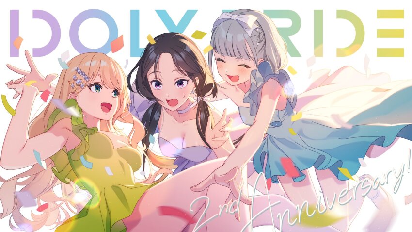 3girls, black_hair, blonde_hair, blue_dress, bow, dress, fran_(idoly_pride), green_dress