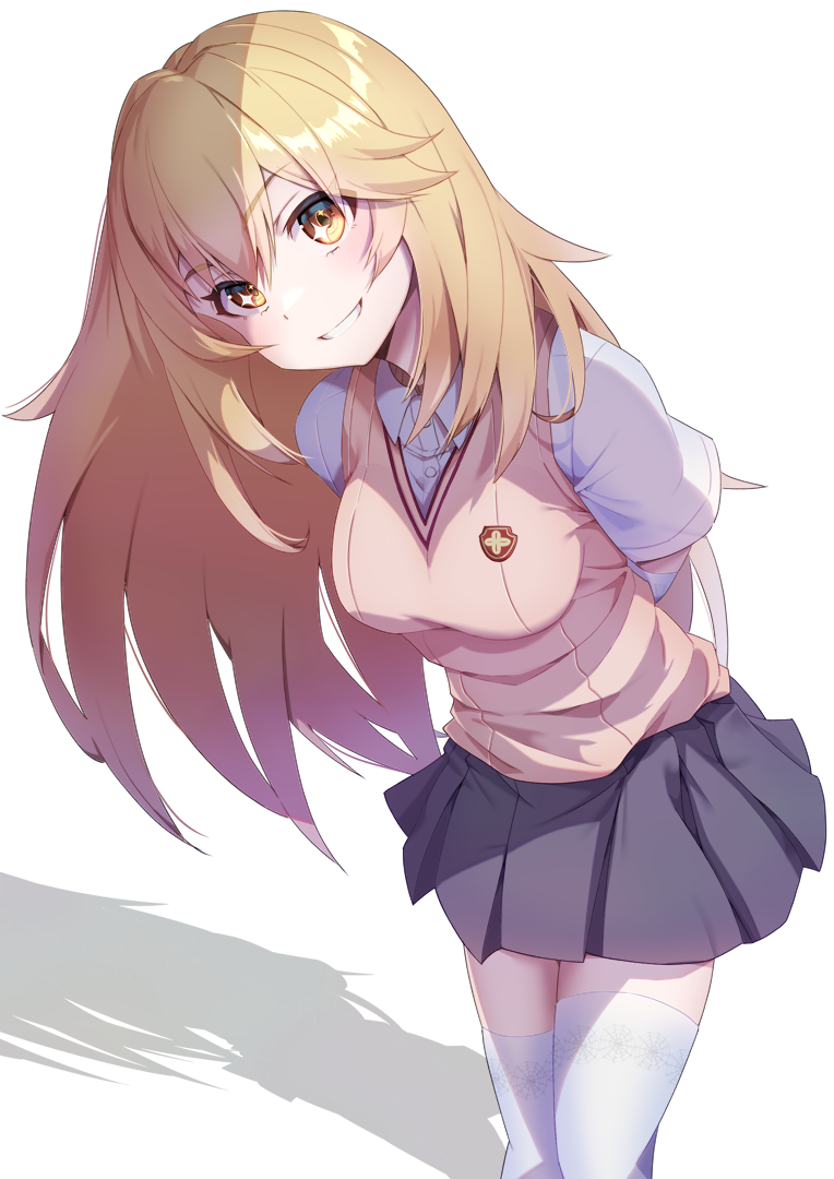 1girl, arms_behind_back, black_skirt, blonde_hair, breasts, brown_sweater_vest, collared_shirt, commentary_request