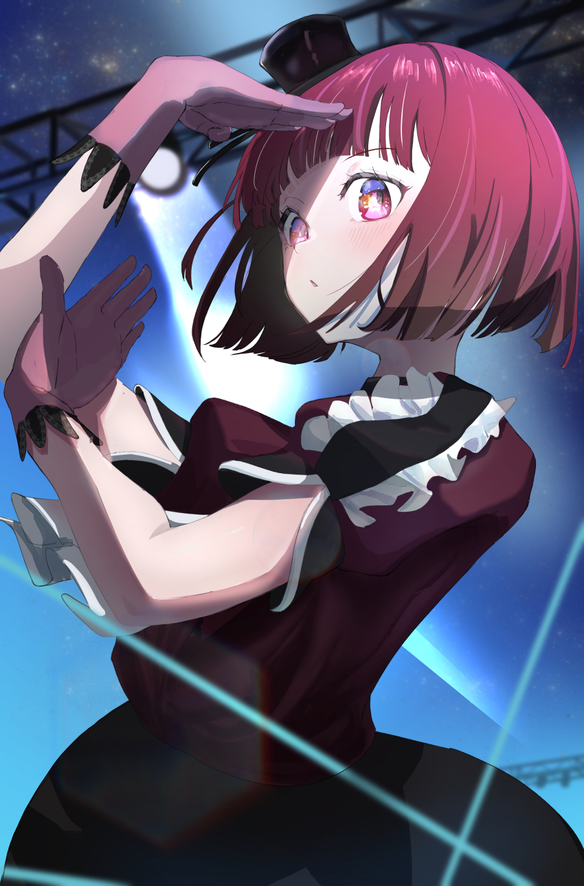 1girl, absurdres, arima_kana, ascot, black_hat, black_ribbon, black_skirt, blunt_bangs