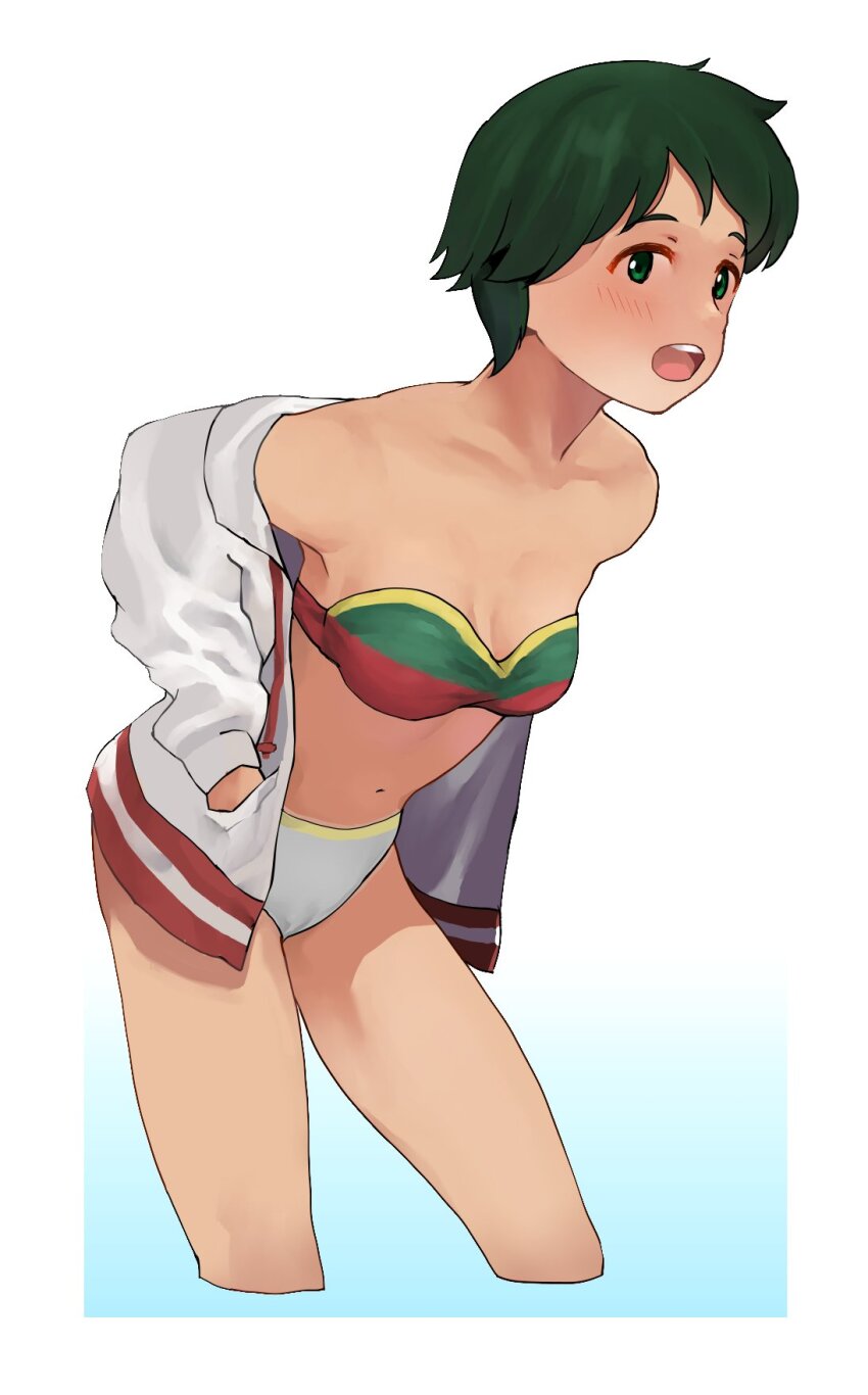 1girl, bikini, black_eyes, breasts, collarbone, cropped_legs, gradient_background, green_eyes