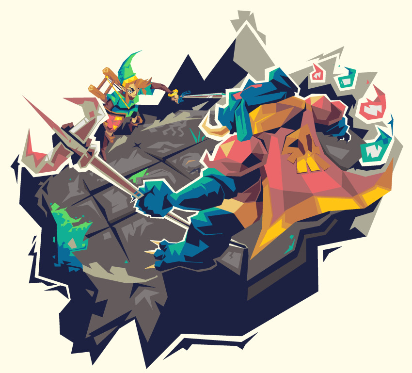 2boys, absurdres, armor, blue_eyes, brown_hair, buginacup, cape, commentary, english_commentary, ganon, green_headwear, highres, holding, holding_shield, holding_sword, holding_weapon, ladder, link, multiple_boys, nintendo, polearm, red_cape, shield, sidelocks, skull_print, stepladder, sword, the_legend_of_zelda, trident, weapon