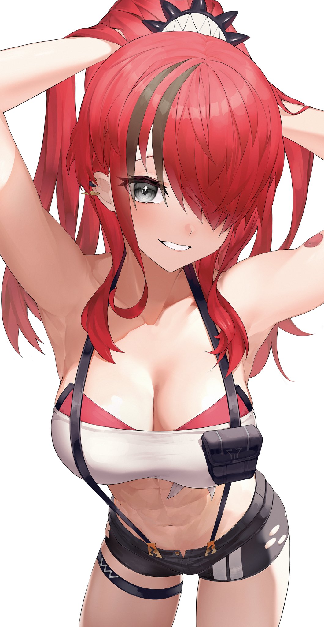 1girl, abs, amatou_(ko_me_9), armpits, bandeau, bike_shorts, bike_shorts_under_shorts, black_eyes