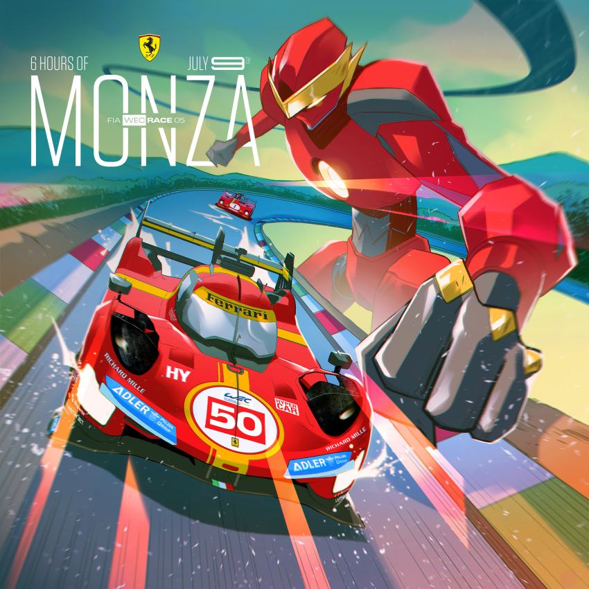 autodromo_nazionale_di_monza, car, clenched_hands, ferrari_499p, french_carlomagno, glowing, glowing_eye, highres, le_mans_prototype, logo, mecha, motor_vehicle, mountain, official_art, race_vehicle, racecar, racetrack, real_life, robot, spoiler_(automobile), v-fin, vehicle_focus, world_endurance_championship, yellow_eyes