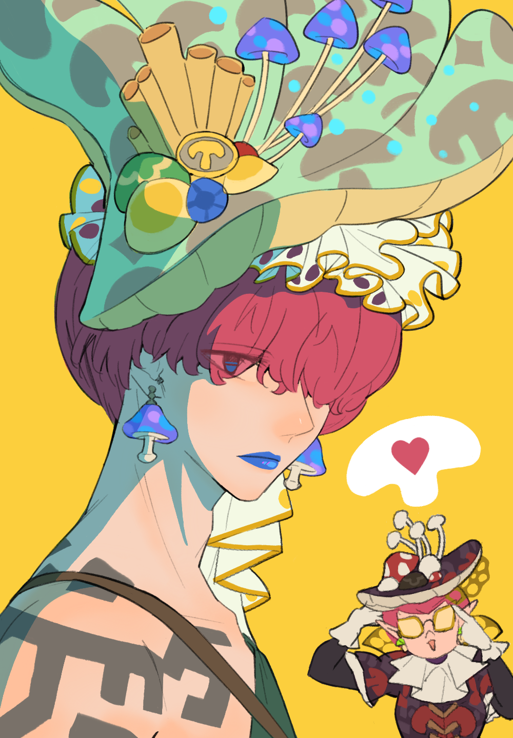 1boy, 1girl, 937021564, archaic_set_(zelda), blue_lips, cece_(zelda), cece_hat_(zelda), earrings